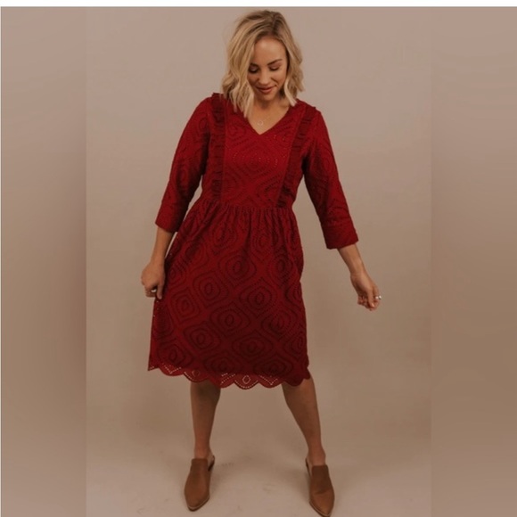 Roolee Burgundy Eyelet 3/4 Sleeve Dress - Picture 2 of 10